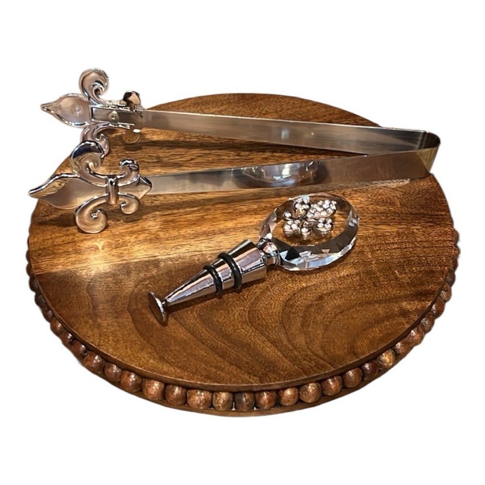 Elegant “Fleur de Lis” Ice Tongs and Crystal Wine Bottle Stopper Set
